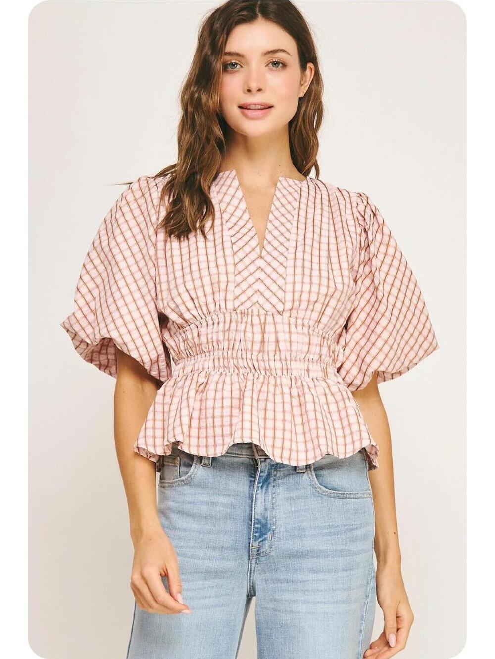 #07 STUDIO STRUT & BOLT Sz. Large Peplum puff sleeve‎ checkered blouse